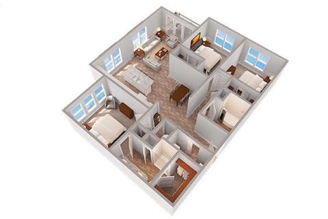 Floor plan for 3 beds, 2 baths, 1442 sqft